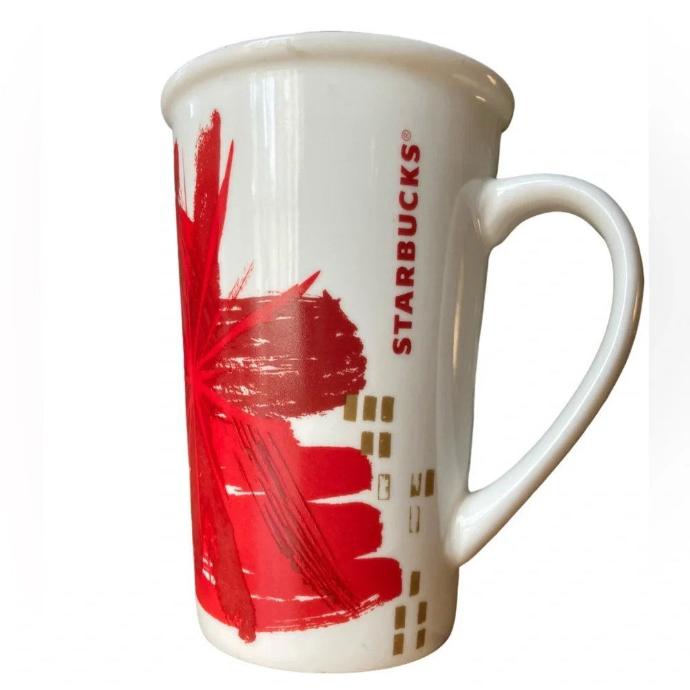 Starbucks 2014 Holiday Red Starburst Ceramic Tall 12 oz Pair of Coffee Mugs